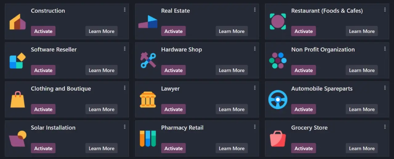 Image showing the different kinds of industrial modules offered by Odoo