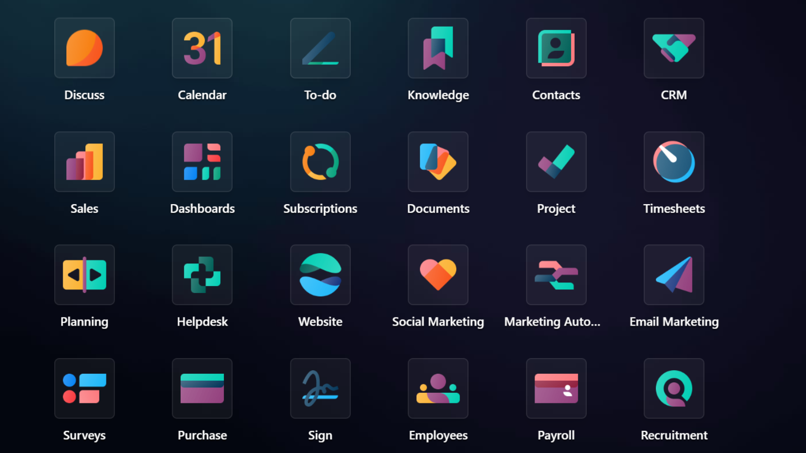 The different kinds of apps available on the Odoo dashboard