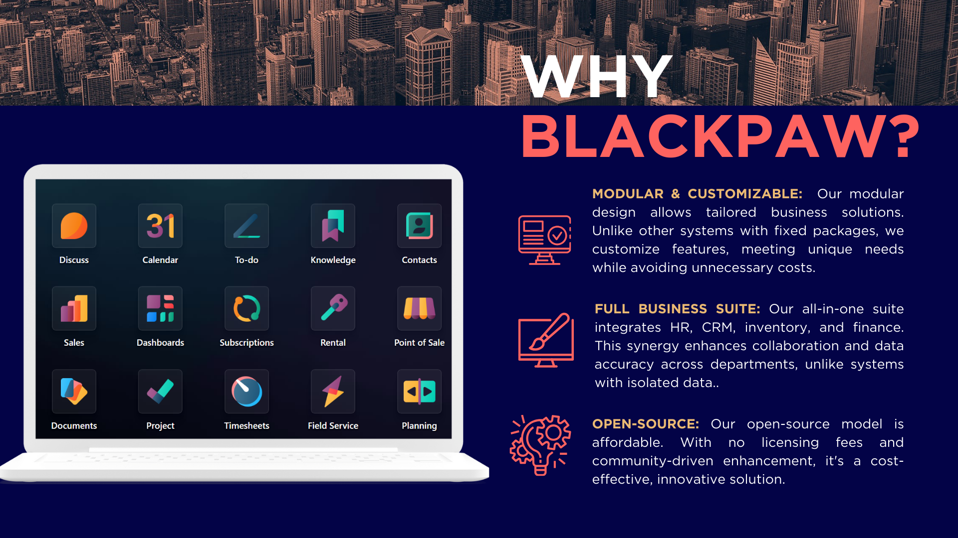 Image showing the benefits of using Blackpaw's offerings in ERP solutions
