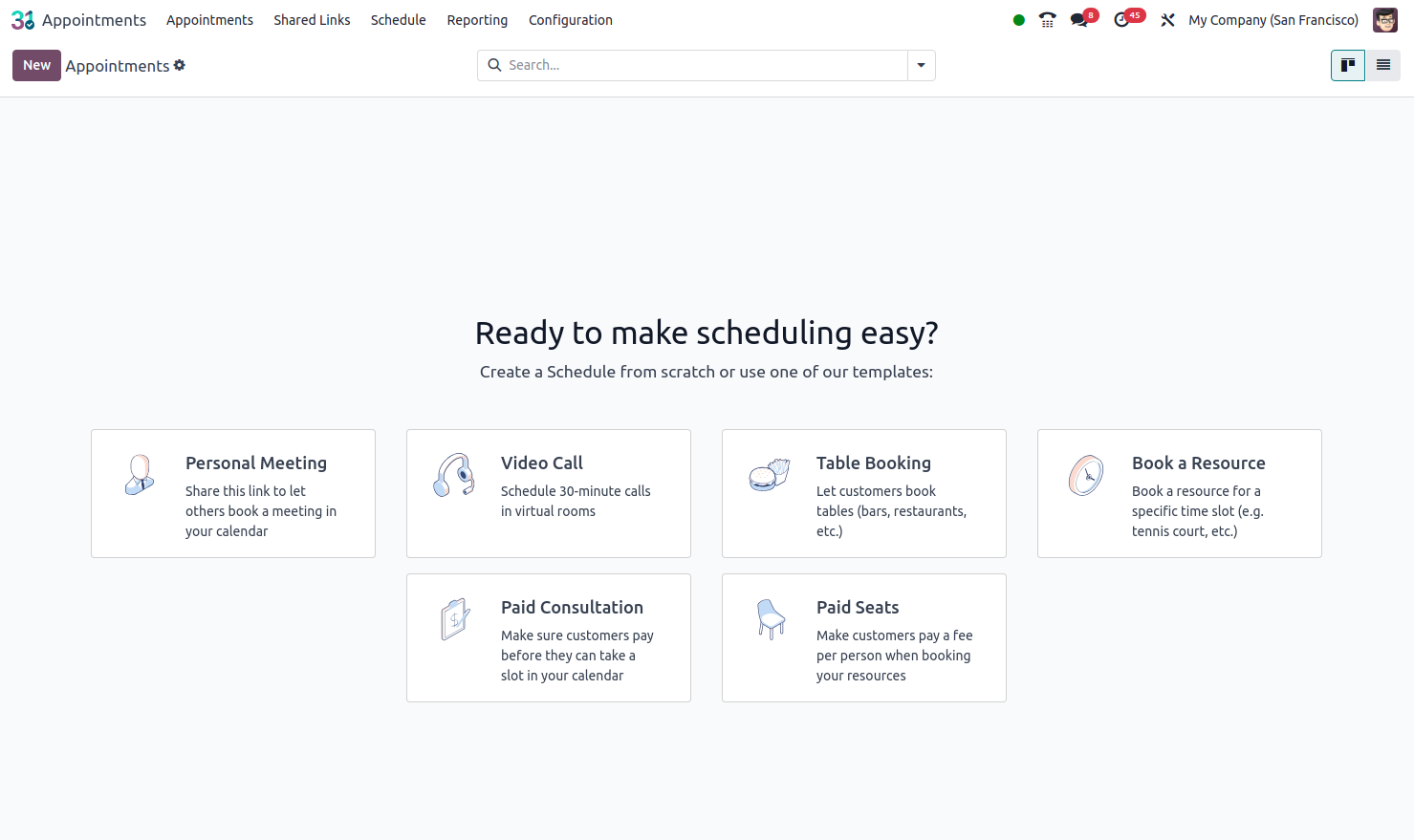 Odoo 18 features include meeting scheduling capabilities
