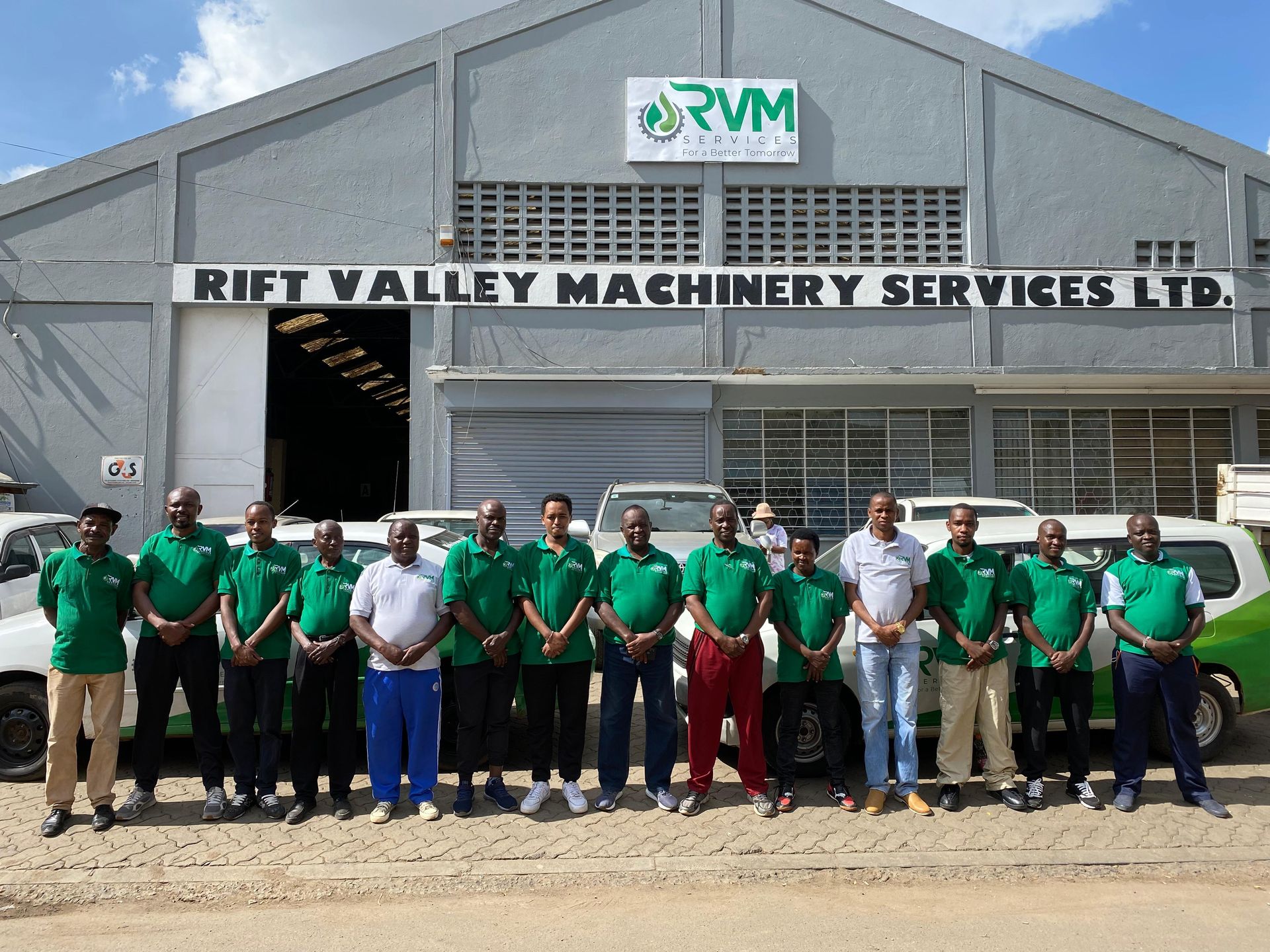 Rift Valley Machinery staff members pose outside their warehouse in Industrial Area