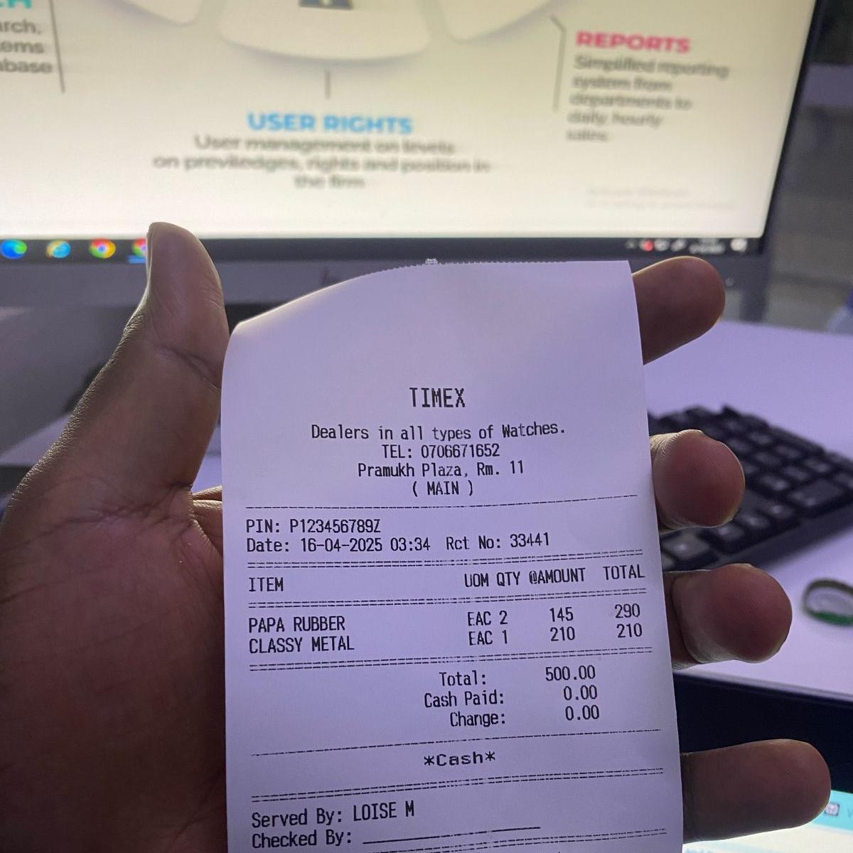 Sample of a good receipt printed by the machine